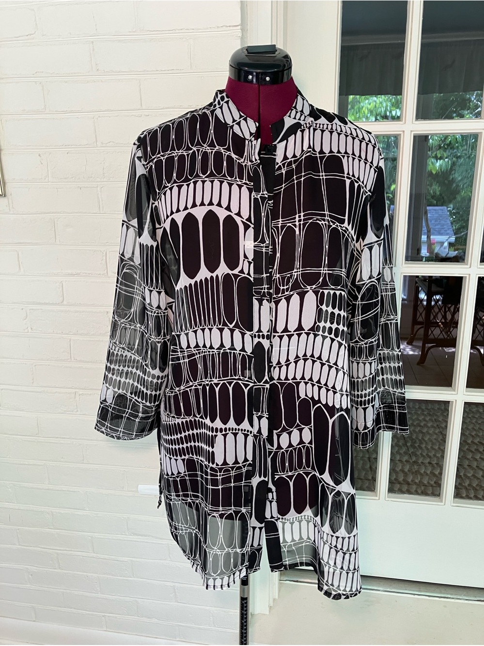 Liz Baker Tunic Blouse | Bold Geometric Print | Black & White | Sheer Long Shirt